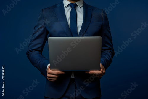 man in professional attire holding a laptop, isolated on a navy blue background, representing the modern businessman 