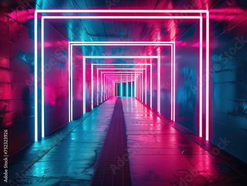 Neon Lit Futuristic Tunnel Corridor, Vibrant neon lights illuminate a futuristic tunnel corridor with a perspective view.