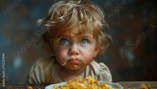 Curious blue-eyed toddler with messy face enjoying a bowl of spaghetti photo