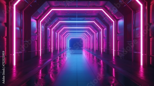 Futuristic Neon Lit Corridor in Sci-Fi Facility, Perspective view of a long corridor with vibrant neon lights, evoking a sense of a futuristic science fiction setting.