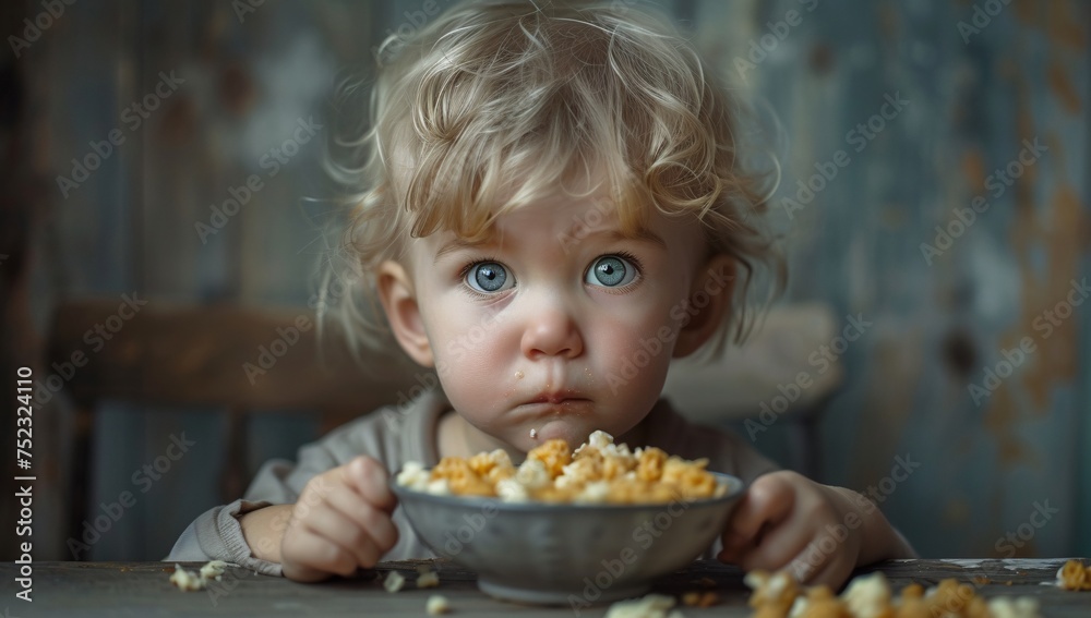 Thoughtful toddler peering over a bowl of pasta, with crumbs on cheeks Thoughtful toddler peering over a bowl of pasta, with crumbs on cheeks