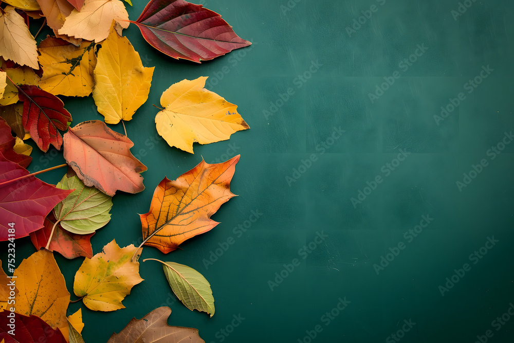 pile of fresh autumn leaves on a deep green background, highlighting the contrast between the vibrant fall colors and the calm green, with ample copy space