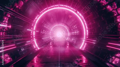 Futuristic Pink Neon Tunnel with Light at End, A perspective view inside a futuristic tunnel illuminated by pink neon lights, suggesting a pathway to another dimension or cyber journey.