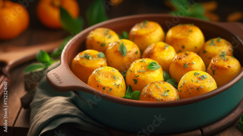 Roasted Yellow Potatoes in Terracotta Dish.