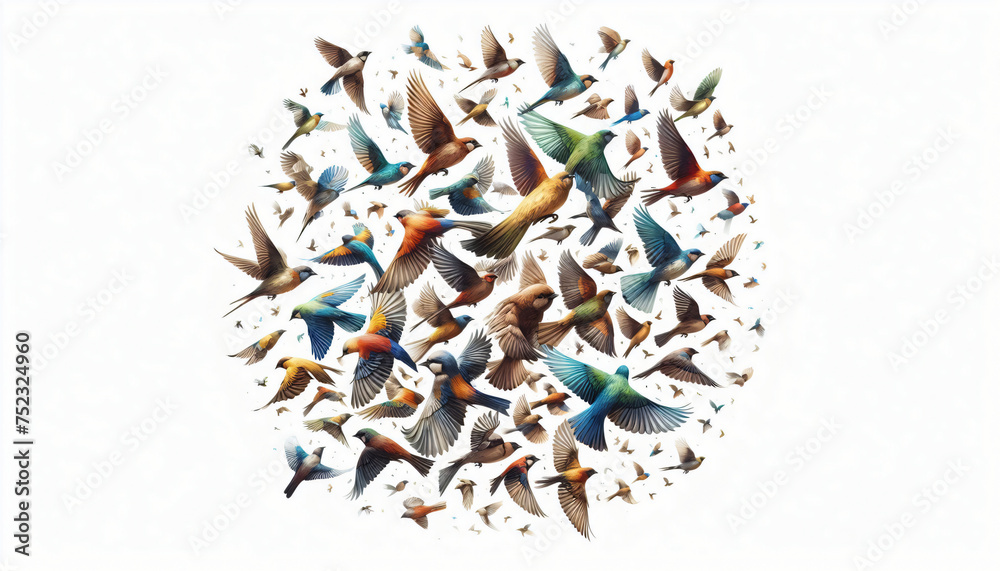 3D render of a crowd of birds. Generative AI 3D render of a crowd of birds. Generative AI