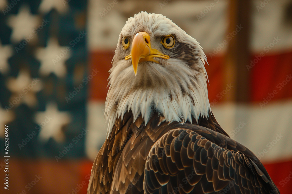 Naklejka premium Bald Eagle in front of an american flag 
