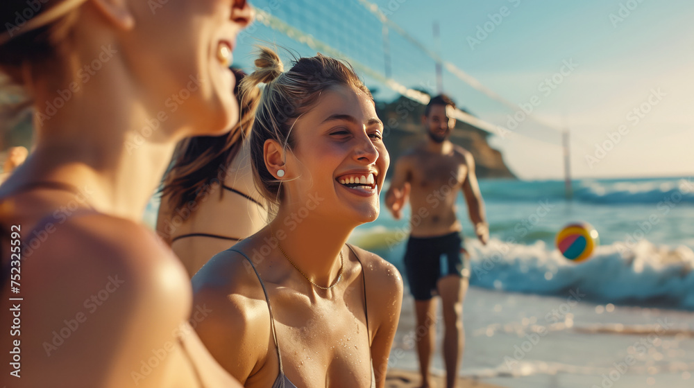 Beach Sports Session A group of friends playing beach volleyball by the sea waves, smiling and enjoying outdoor activity.