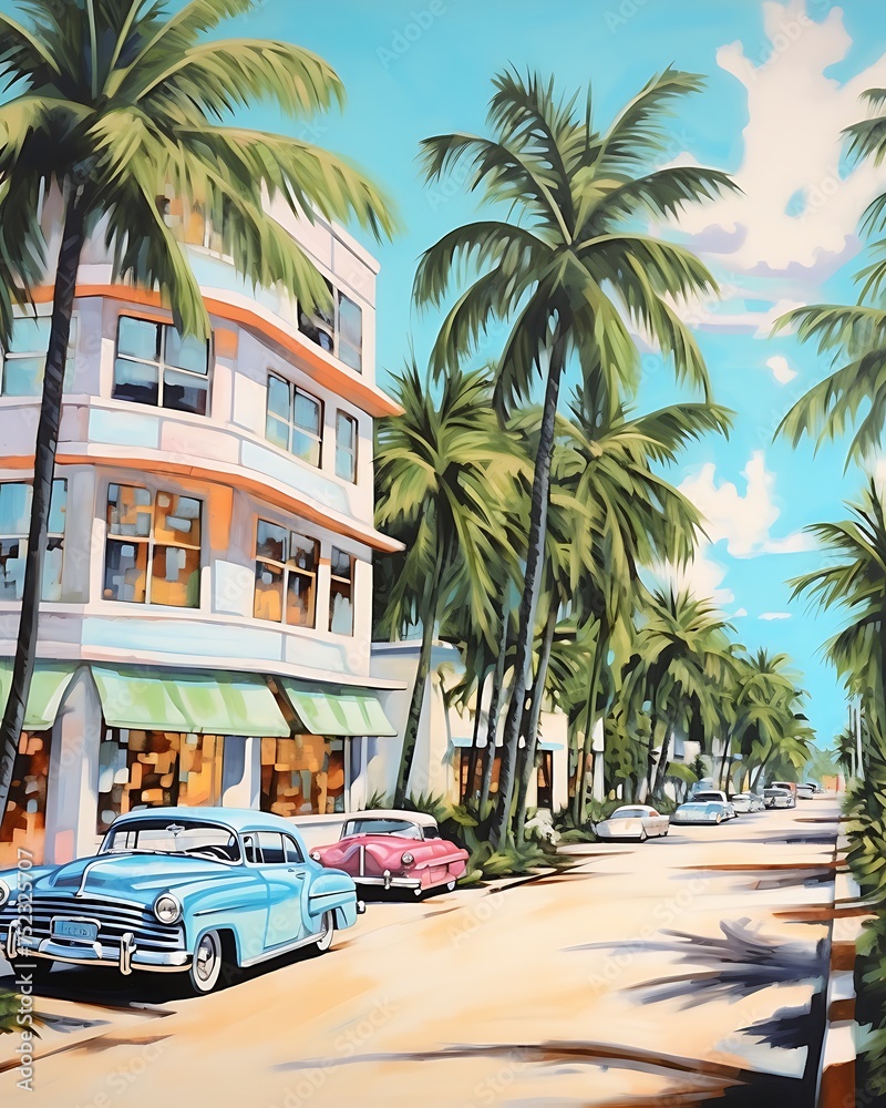 Miami beach Florida Southeastern Coast Acrylic Painting Illustration Artwork - Watercolor Travel Coastal Print - Tourism Ocean Coastline Seascape Palm trees Oil Painting Portrait Destination Wall Art