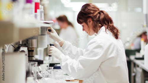 Scientist in a lab coat conducting an experiment, using a pipette to transfer liquid to a test tube, in a well-equipped laboratory with colleagues working in the background.