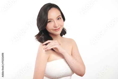 Beautiful young asian woman with clean fresh skin on white background, Face care, Facial treatment, Cosmetology, beauty and spa, Asian women portrait.