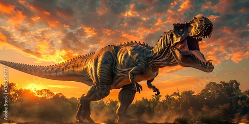 A roaring Trex greets the dawn in a prehistoric landscape setting. Concept Dinosaur, Prehistoric, Roaring, Dawn, Landscape © Anastasiia
