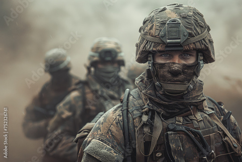 modern soldiers fully equipped facing the camera in a dusty and smoggy environment