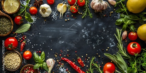 a black slate-like background ingredients such as red tomatoes, green herbs, yellow lemons, garlic, and various grains