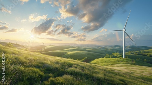 Green Energy Concept: Realistic Image Featuring a Wind Turbine Constructed from Newspaper, Set Amidst a Serene Summer Landscape with Vibrant Greenery and Sunlit Hills