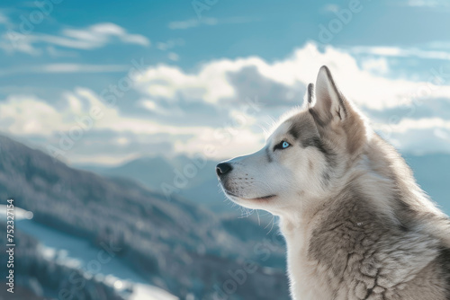 Husky dog at the top of mountain looking at snow-covered mountain