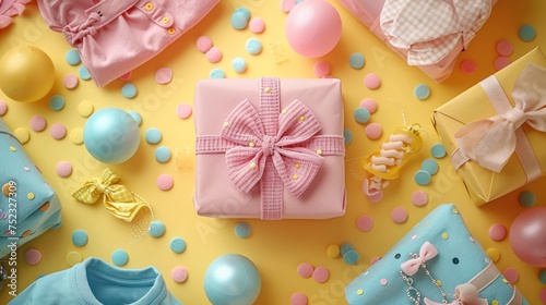 Gender reveal party concept. Top view photo of infant clothes pink shirt pants socks present box with bow dummy teether chain and sprinkles