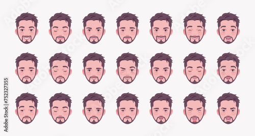 Young beard man, handsome male emotion set, businessman appearance bundle portrait. Different cute nice face icons, positive, negative facial expression feature pic. Vector illustration circles