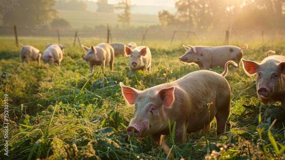 Free range pigs on the pasture with sunshine. organic farm in the morning. Free range pigs on the pasture with sunshine. organic farm in the morning.