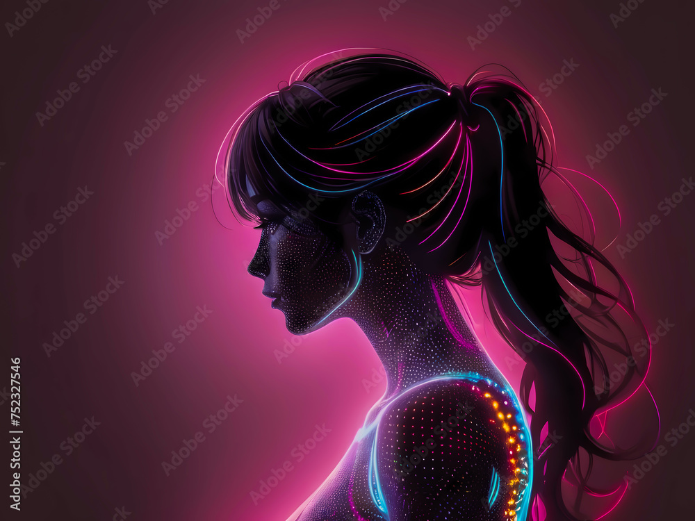 Neon extravaganza, a world of radiance and elegance as a woman's silhouette takes center stage, every line and angle enhanced by neon dots and illuminated flourishes, offering an exquisite portrait