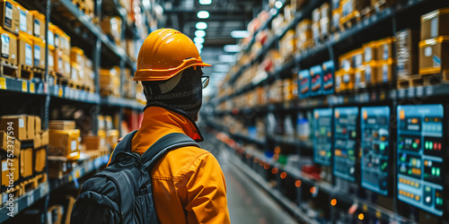 Worker in hard hat and red uniform in warehouse - back view © sarymsakov.com