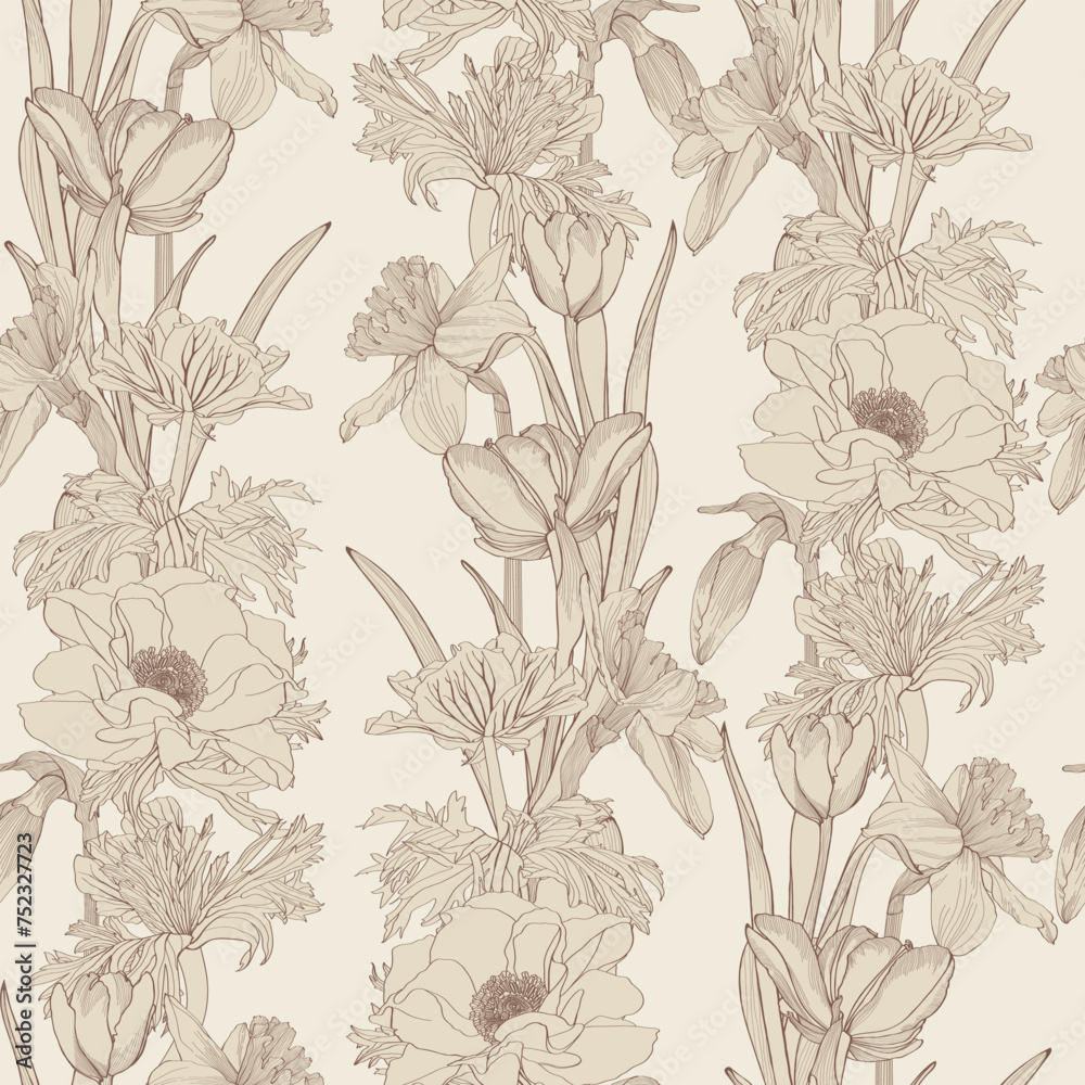 Seamless pattern with image Anemones, tulips, daffodils flowers. The Japanese anemone flowers and stem seamless pattern. Seamless pattern with image Anemones, tulips, daffodils flowers. The Japanese anemone flowers and stem seamless pattern.