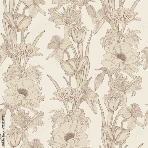 Seamless pattern with image Anemones, tulips, daffodils flowers. The Japanese anemone flowers and stem seamless pattern. 