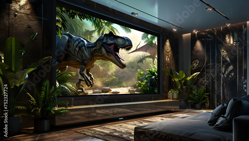 A 4K hyper-realistic 3D movie on a home theater screen has a dinosaur that emerges from the screen and lands in a contemporary apartment with a sofa, houseplants. Generative ai.