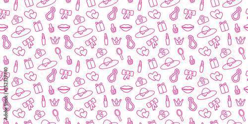 seamless, pink pattern. Pattern with contour details for a girl. Shoes, lipstick, earrings, glasses, jewelry, heart. Print on textiles, paper, banner. art vector illustration. barbie style