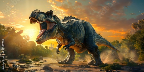 Roaring T-Rex Welcomes the Dawn in a Prehistoric Setting. Concept Prehistoric Setting  T-Rex  Dawn  Adventure  Outdoors