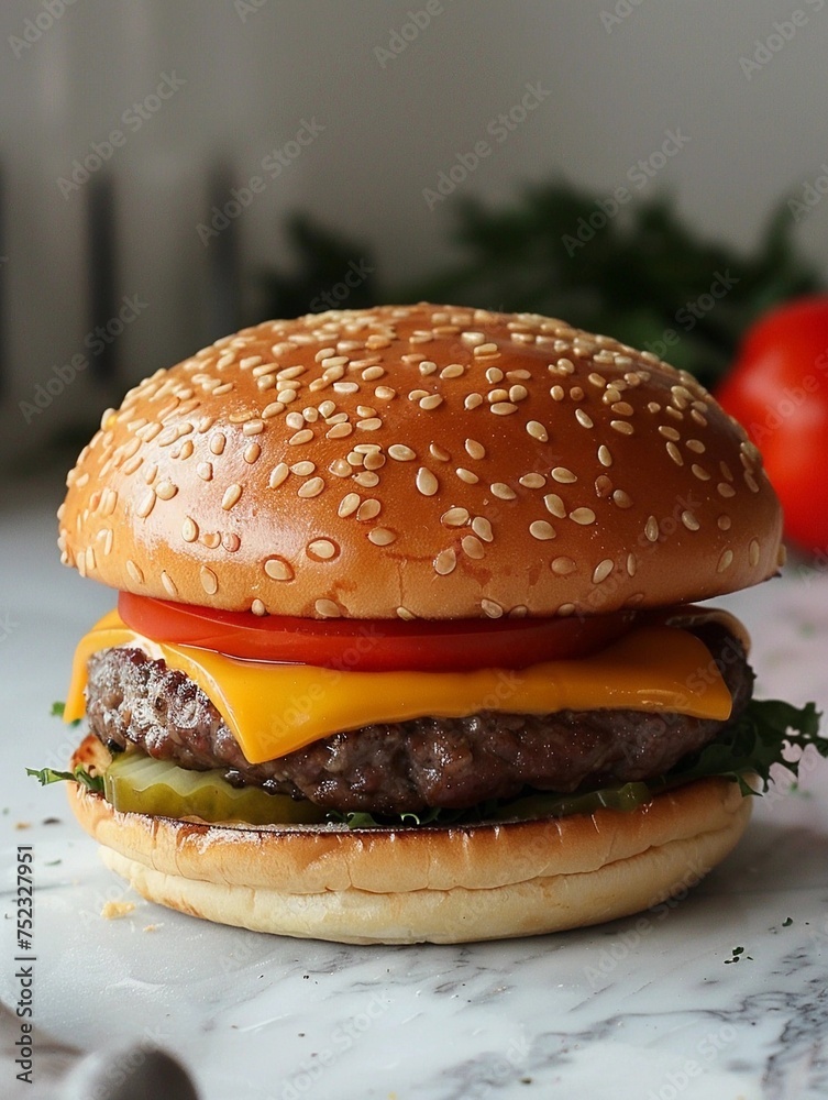 A cheeseburger on a sesame seed bun with tomato, pickle, and melted cheese sits on a marble table