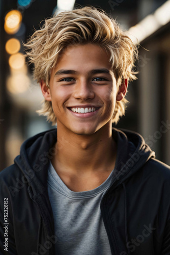 Professional photoshoot presents portrait of handsome teen boy with blonde hair, sun-kissed skin, radiant smile, perfectly aligned white teeth, clad in stylish black hoodie, exquisite facial features © Valeriia19