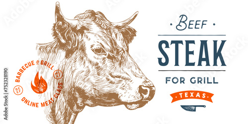 Cow, bull, beef head, meat tag label. Template Meat Tag Label. Vintage print, tag, label pig sketch ink pencil drawing. Butchery cow, bull, beef head meat shop, text, typography. Vector Illustration