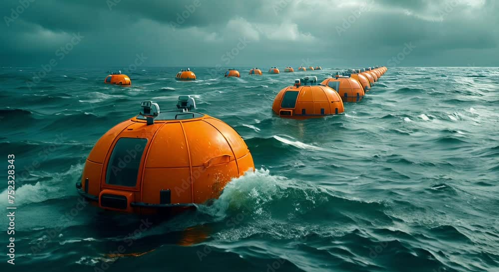 Wave energy converters bobbing on surface of the ocean, converting ...