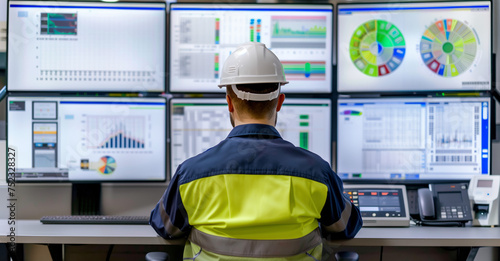 Industrial Engineer Monitoring Data at Control Room. An engineer in a safety helmet intently analyzes real-time data on multiple computer screens in a modern control room.