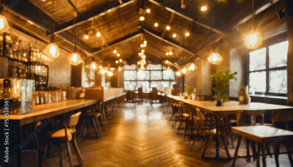 Blurred images of coffee shop cafe interior background and lighting bokeh 