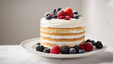 Sponge cake with white cream on a white plate, light background, decorated with berries, raspberries, strawberries, blueberries, blackberries.
