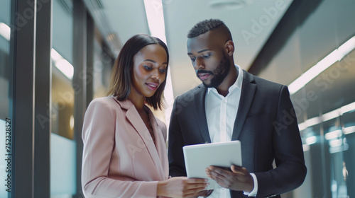 Corporate Professionals Discussing Over Tablet. Businesswoman and businessman reviewing content on a digital tablet in a corporate setting.