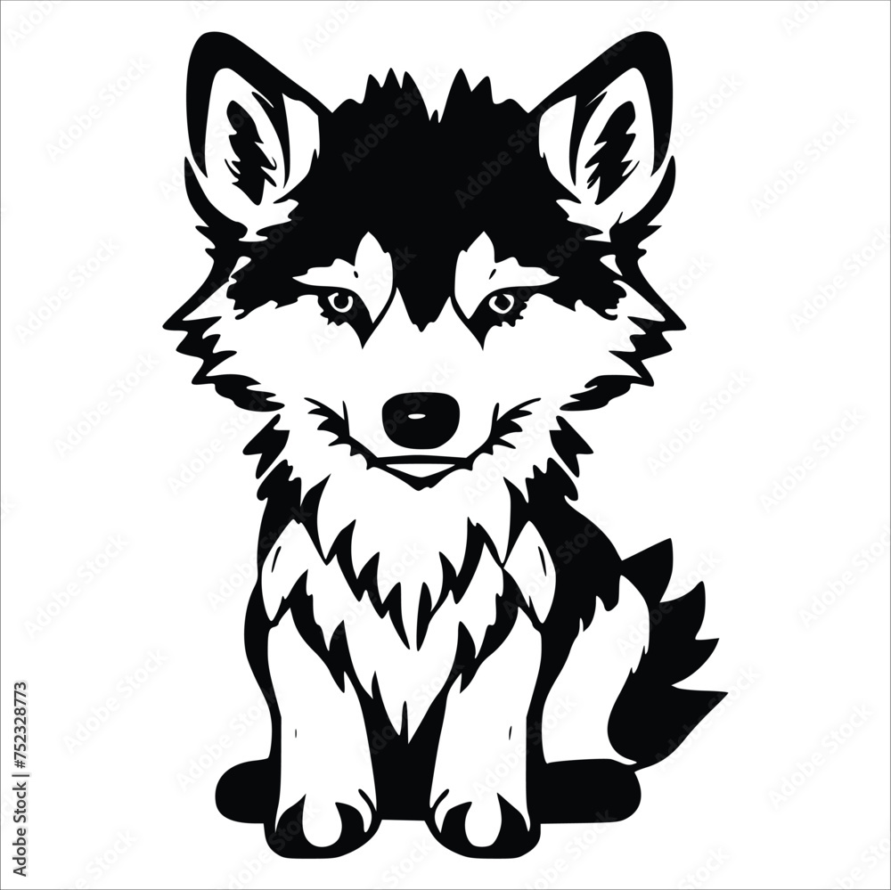  baby wolf Vector outline drawing | Wolf cartoon isolated on white 