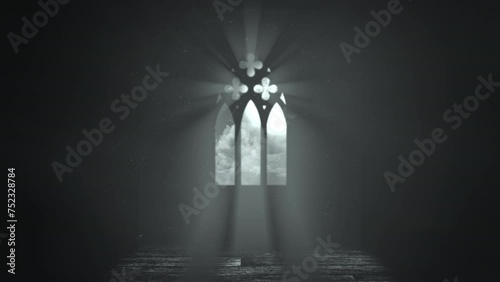 A stunning stained glass window with a radiant cross at its center, casting a glowing light on the surrounding walls and floor