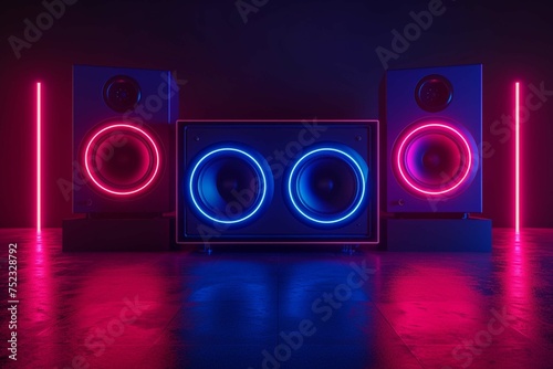 Multimedia acoustic sound speakers with neon lighting. Sound audio system with two satellites and subwoofer on dark background.