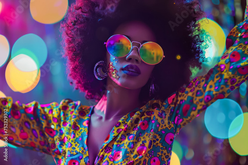 Retro Funk Revelry - Stylish Woman Embracing the Disco Spirit with Colorful Bokeh Lights