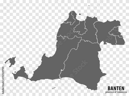 Blank map Banten province of Indonesia. High quality map Banten with municipalities on transparent background for your design. Republic of Indonesia.  EPS10.