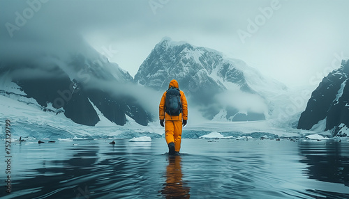 Capturing Nature's Beauty: A Professional Polar flora and fauna Explorer dressed bright warm clothes among Arctic Landscape. Illustrating Ecology, professional occupation and Climate Change Concepts
