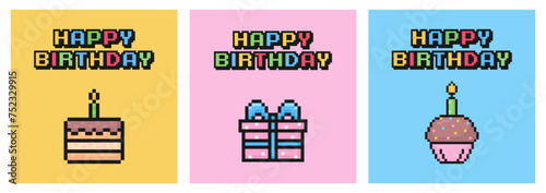 happy birthday card set, pixel art postcard, 80s 90s old arcade game style, nostalgia, gift, cake, candle, vector illustration