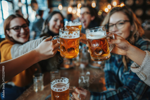Young people toasting while gathering for beer in bar.