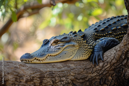 a crocodile sleeping under a tree