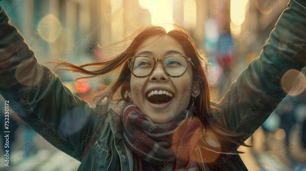 Thrilled young woman showcases victory Thrilled young woman showcases victory