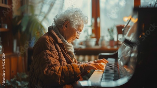 Senior person sitting at a piano, hesitating to play, reflecting the loss of once familiar skills and hobbies due to dementia photo