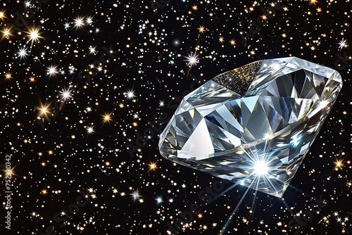 The diamond suspended in a starry night sky, its facets mirroring the twinkling constellations and illuminating the darkness with its ethereal glow. 