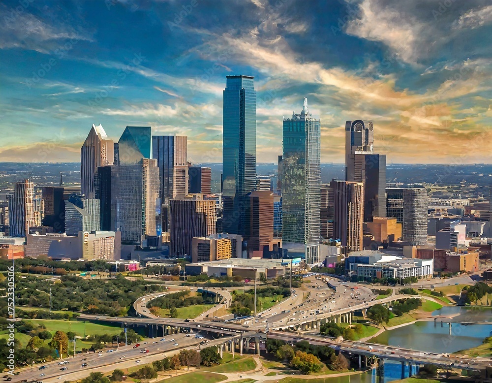 Fototapeta premium Dallas Skyline Majesty: A Stunning Aerial Glimpse of Texas Splendor